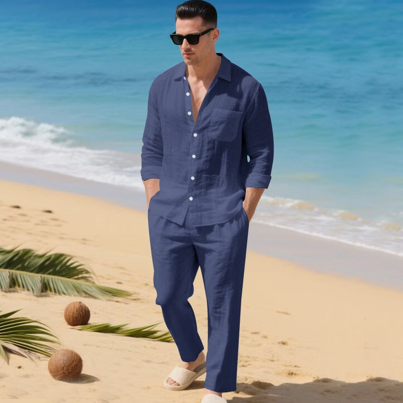 Mens Casual Linen Shirt and Pants Set
