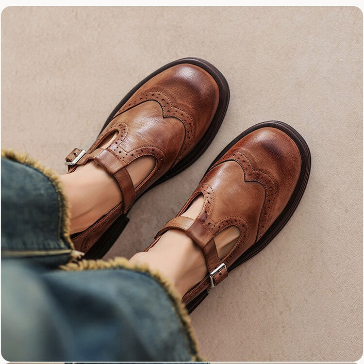 Emma T-strap buckle flats in brown