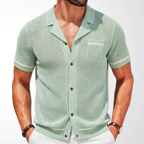 Benoit | Men's Cuban Collar Open-Knit Polo Shirt