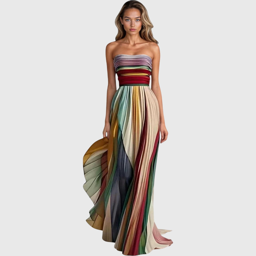 Faustine | Women's Rainbow Stripe Strapless Pleated Maxi Dress