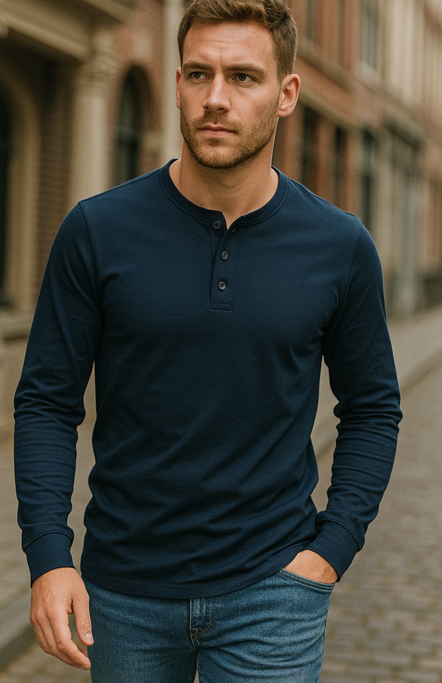 Ethan | Men's Long-Sleeve Henley Shirt Classic Button Neckline
