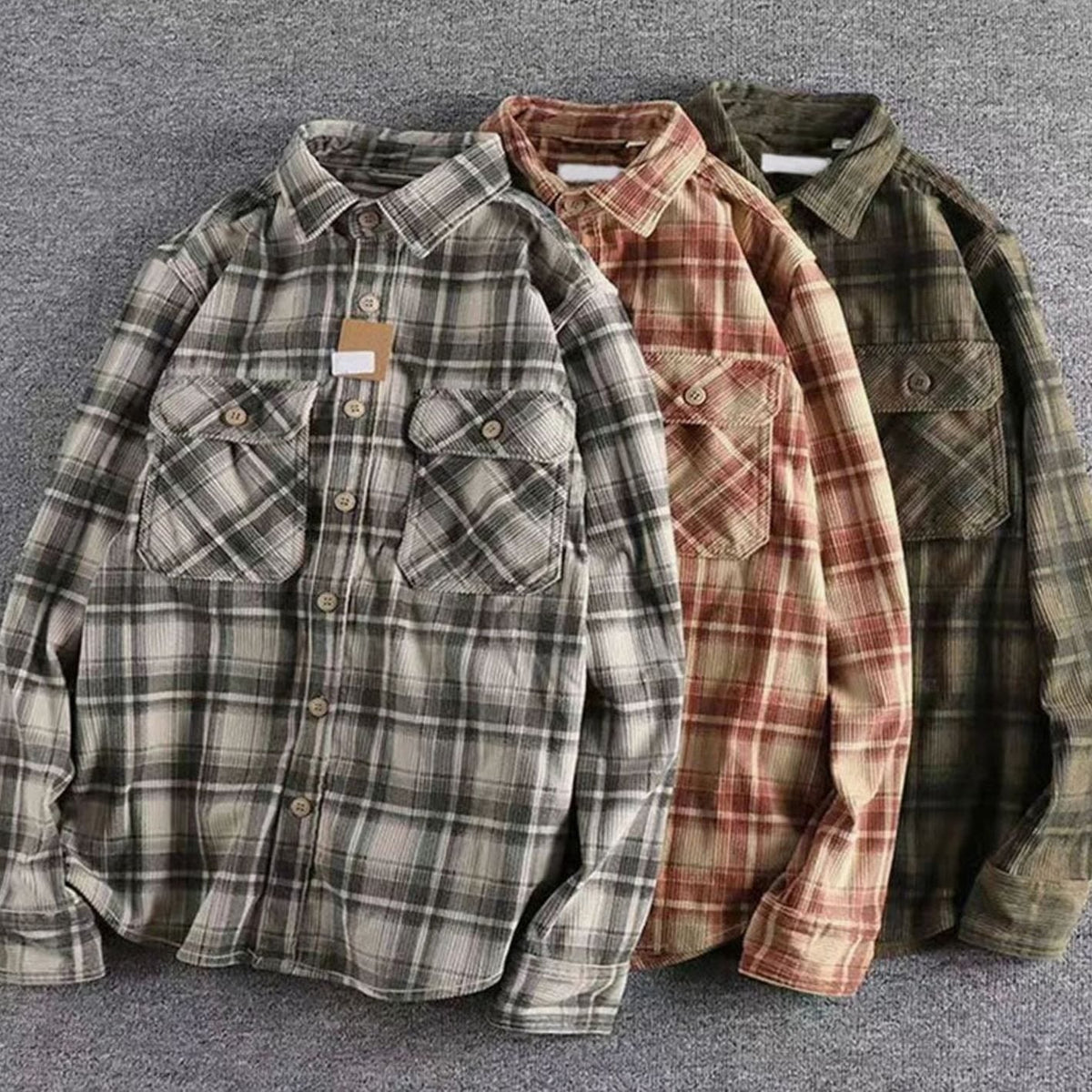 Benjamin | Men's Relaxed-Fit Plaid Corduroy Flannel Shirt Double Chest Pocket