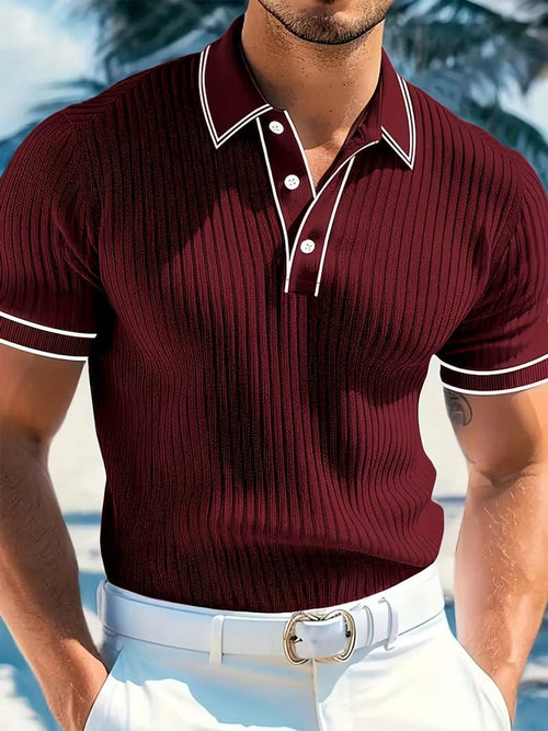 Alexander | Men's Ribbed Knit Contrast-Trim Short-Sleeve Polo Shirt
