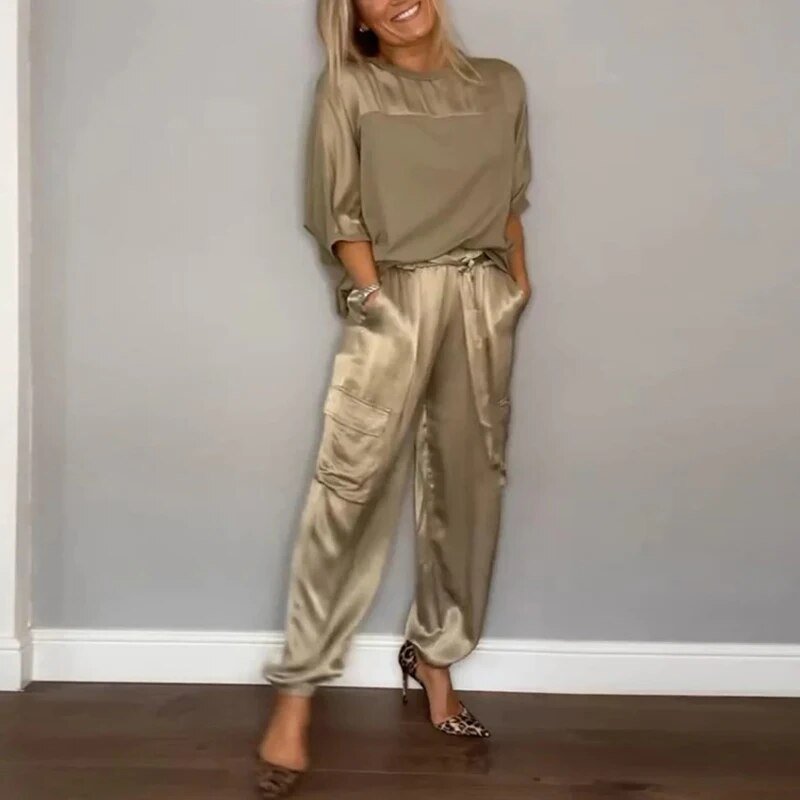 Blandine | Women's Plus Size Two-Piece Cargo Pants Set With Drawstring Waist
