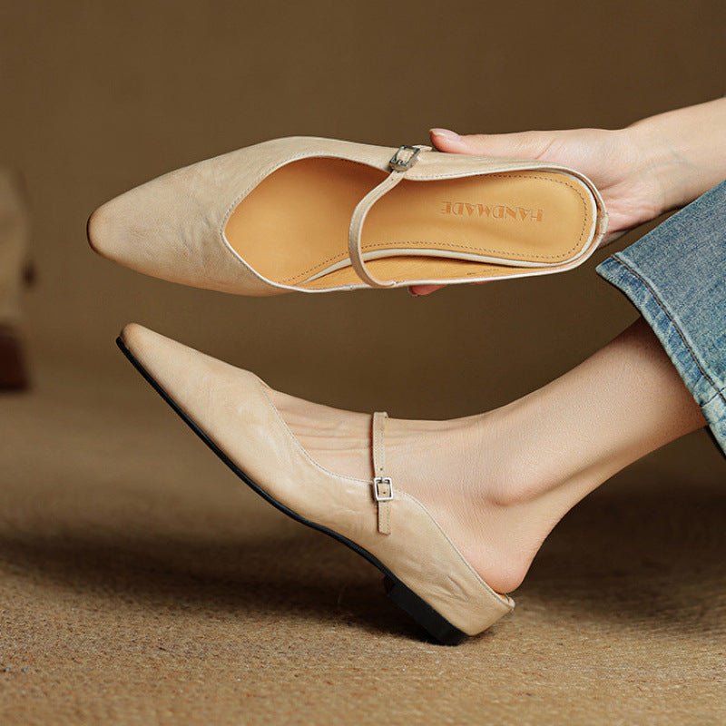Verane | Women's Pointed Toe Leather Mary Jane Mules with Buckle Strap