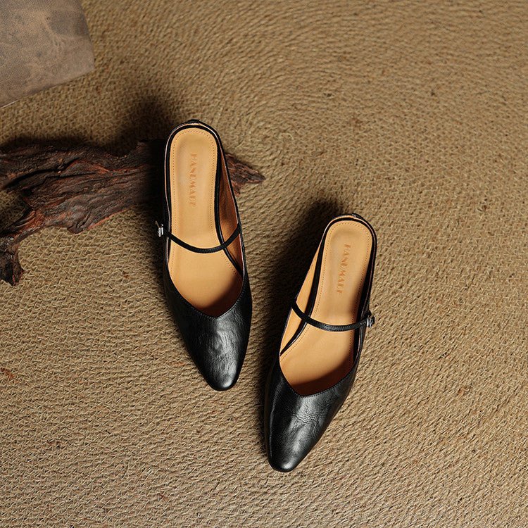 Verane | Women's Pointed Toe Leather Mary Jane Mules with Buckle Strap