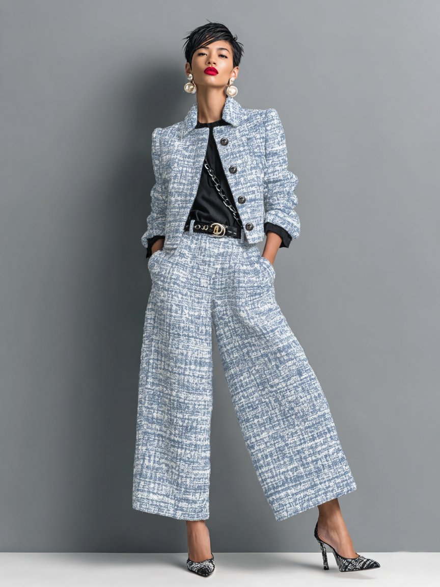 Harper | Women's Tweed Two Piece Set with Cropped Button-Front Jacket and Wide-Leg Pants