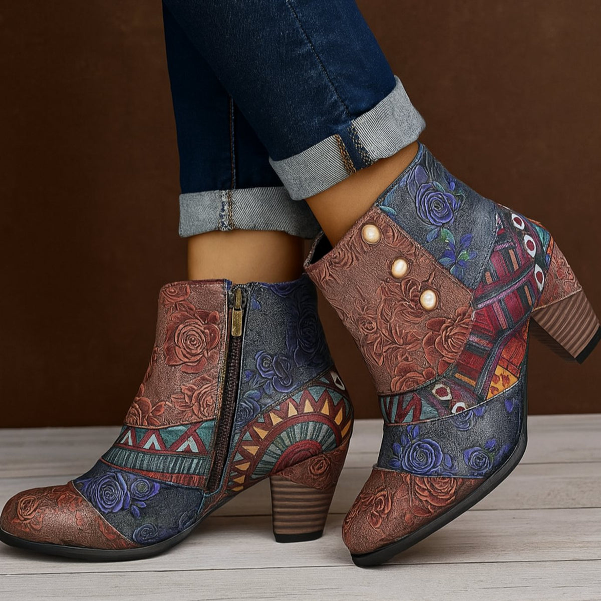 Solene | Women's Bohemian Floral Embossed Block-Heel Ankle Boots