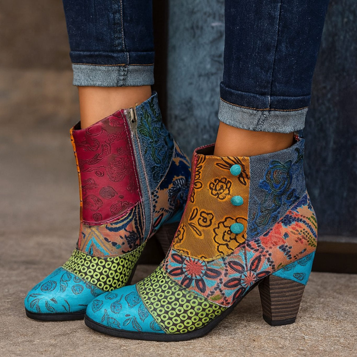 Solene | Women's Bohemian Floral Embossed Block-Heel Ankle Boots