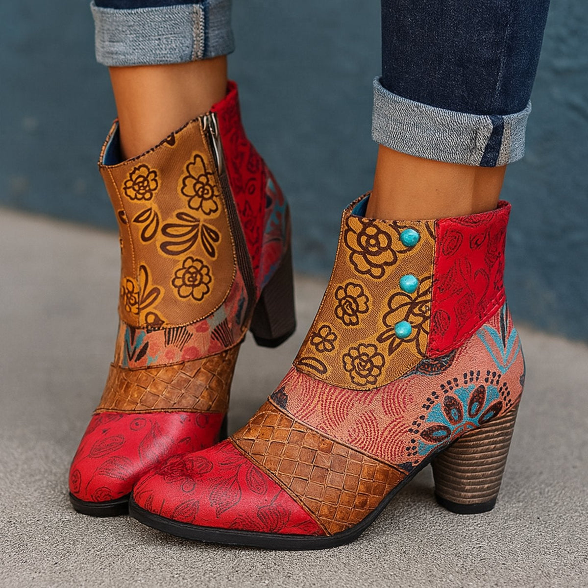 Solene | Women's Bohemian Floral Embossed Block-Heel Ankle Boots