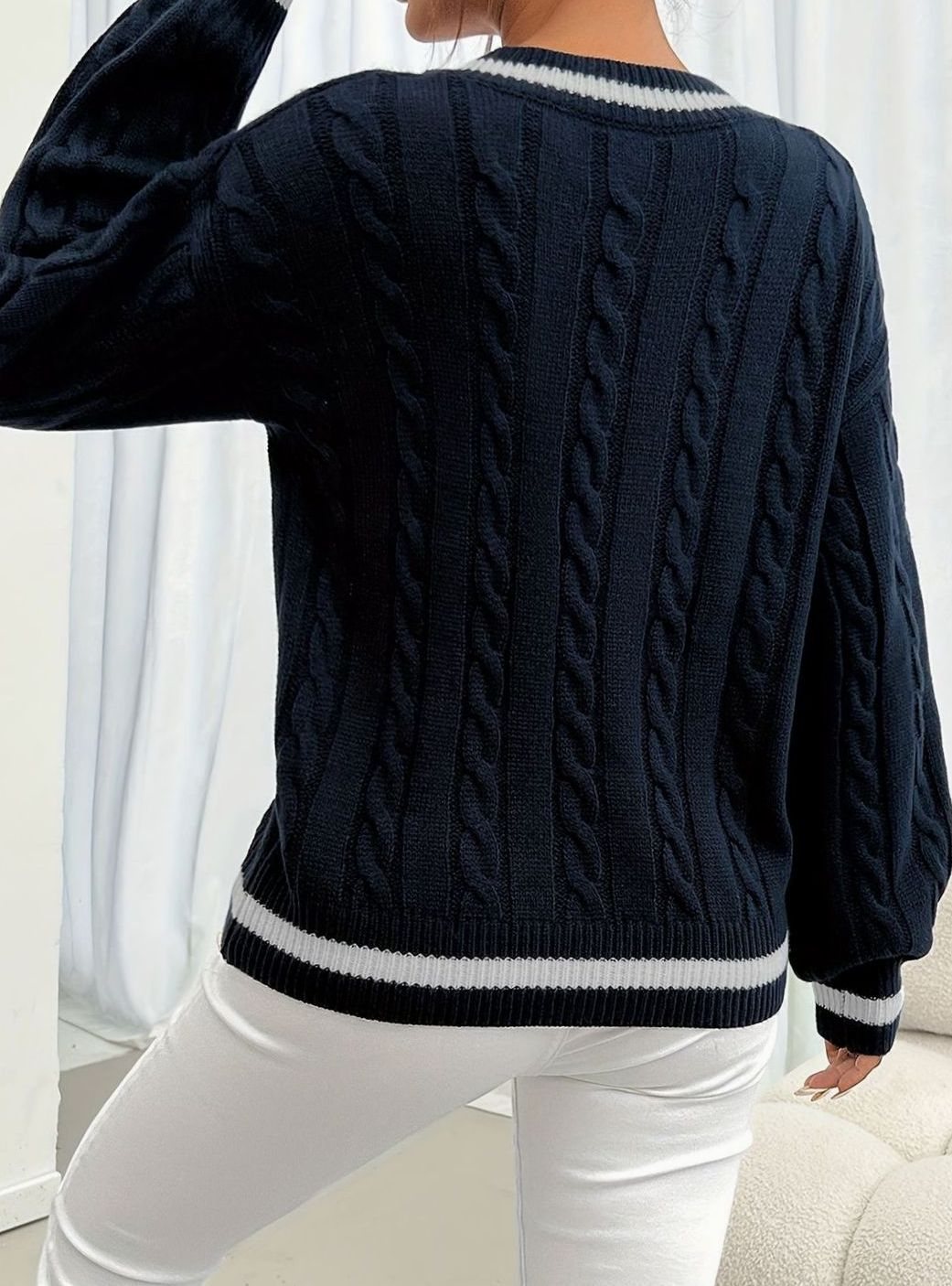 Vivienne | Women's Cable-Knit V-Neck Drop-Shoulder Sweater