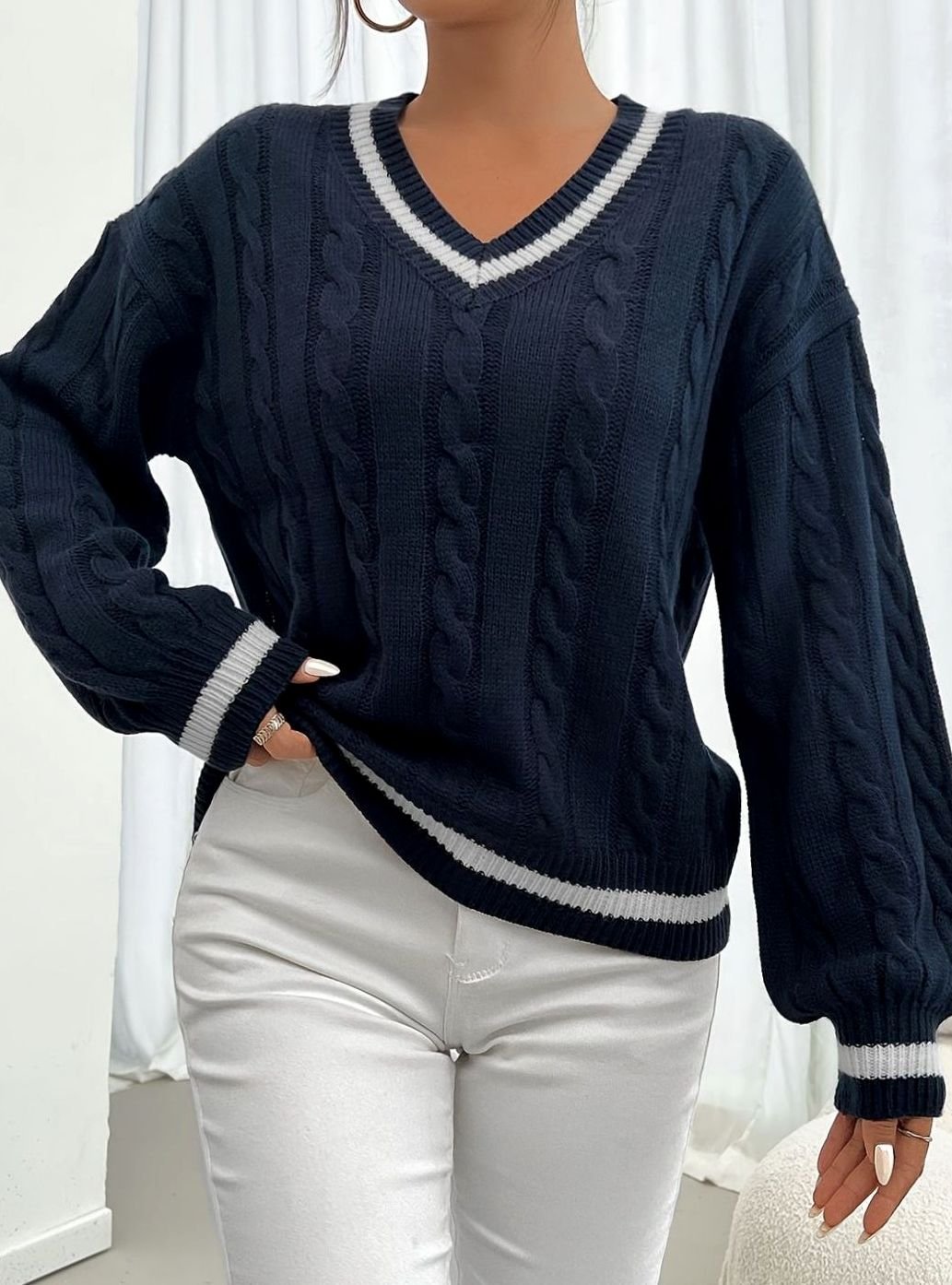 Vivienne | Women's Cable-Knit V-Neck Drop-Shoulder Sweater