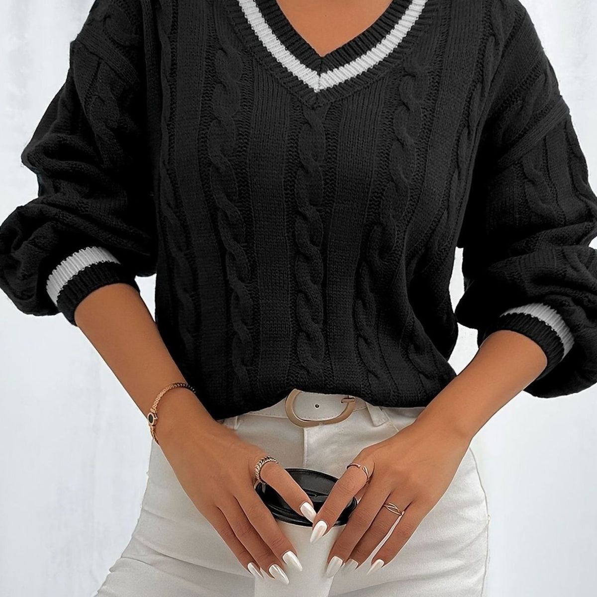 Vivienne | Women's Cable-Knit V-Neck Drop-Shoulder Sweater