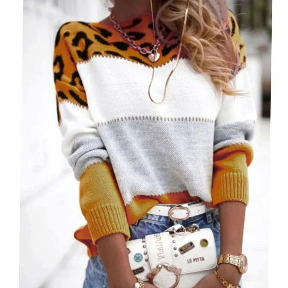Pernille | Women's Cashmere-Blend Turtleneck Colour Block Leopard Print Knit Sweater