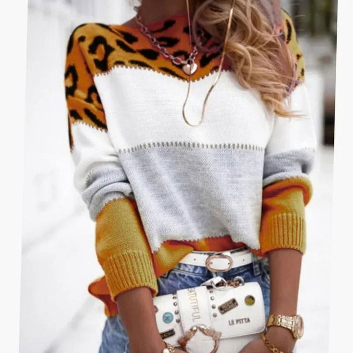 Pernille | Women's Cashmere-Blend Turtleneck Colour Block Leopard Print Knit Sweater