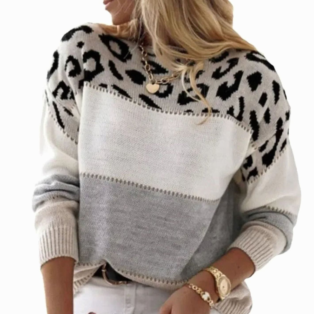 Pernille | Women's Cashmere-Blend Turtleneck Colour Block Leopard Print Knit Sweater