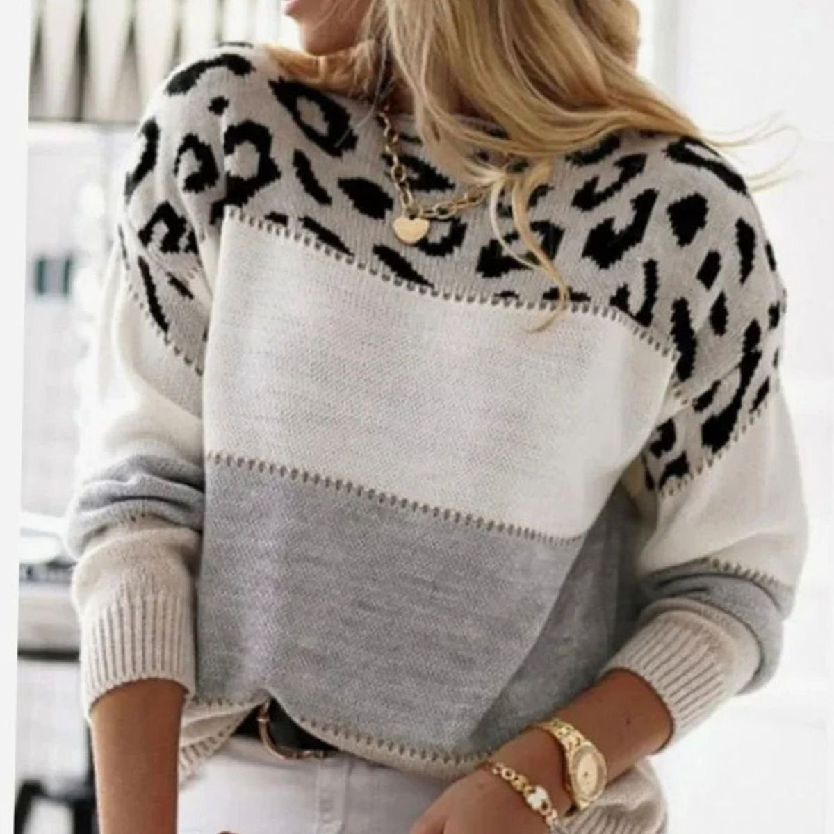 Pernille | Women's Cashmere-Blend Turtleneck Colour Block Leopard Print Knit Sweater