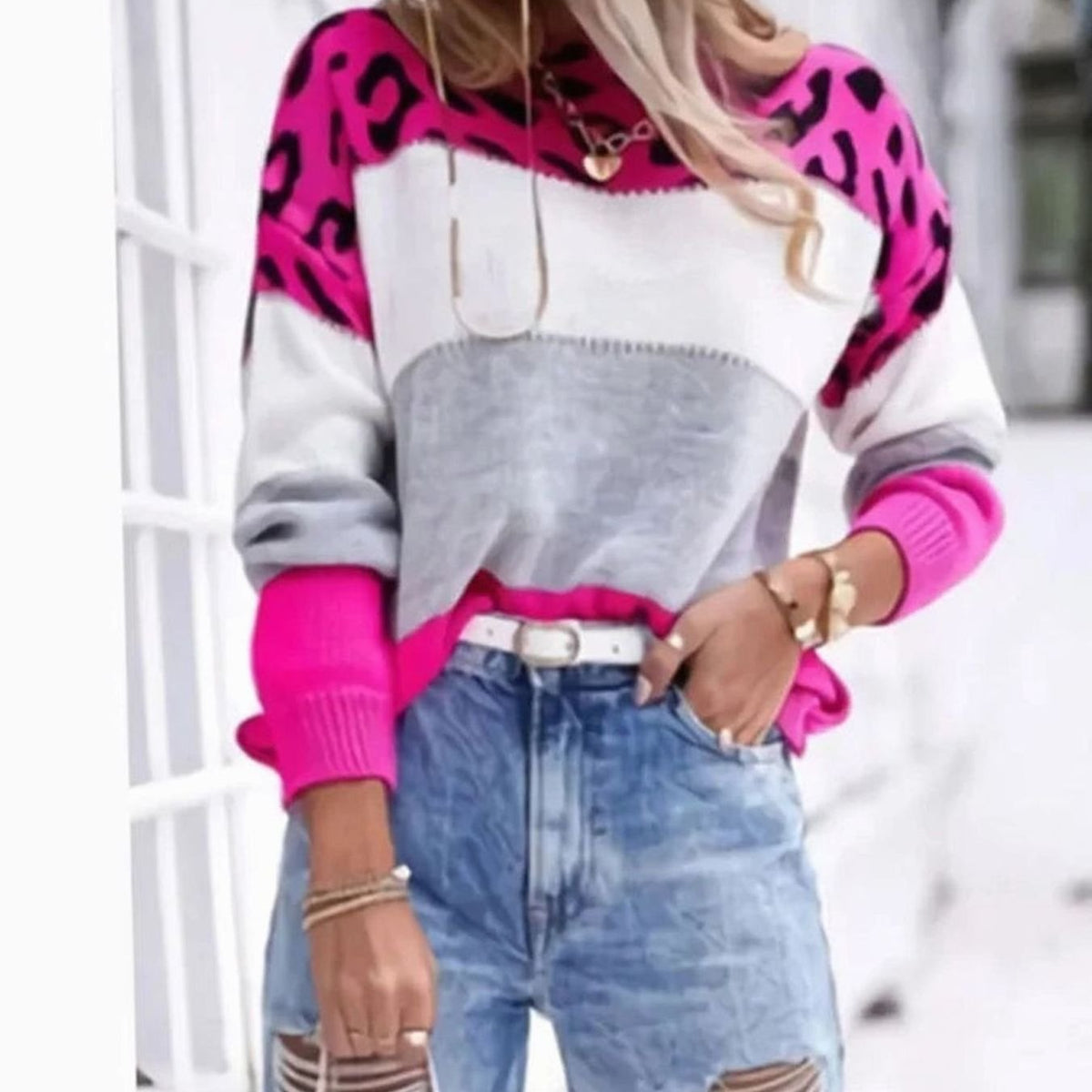 Pernille | Women's Cashmere-Blend Turtleneck Colour Block Leopard Print Knit Sweater