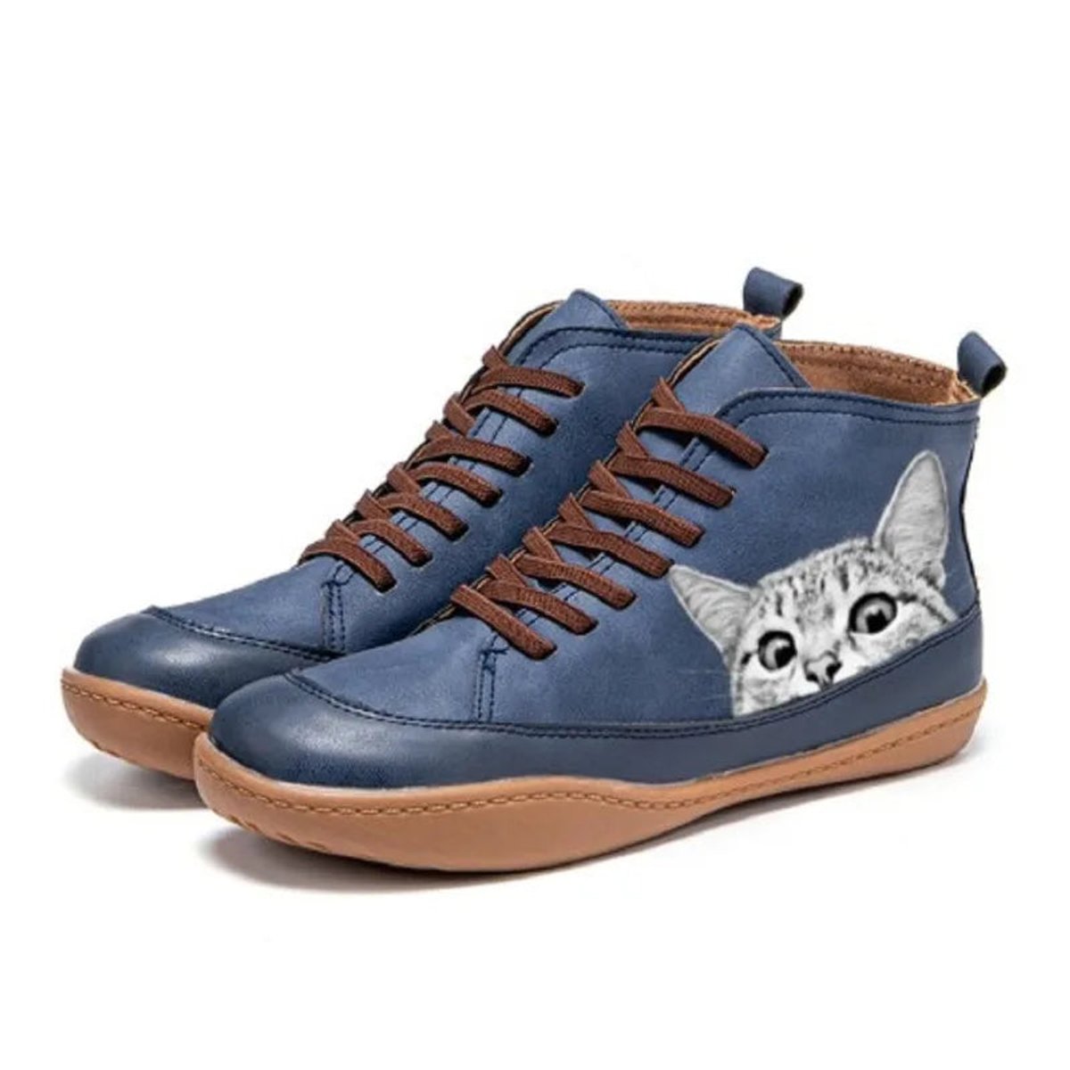 Seren | Women's Cat Print Lace-Up High-Top Vegan Leather Ankle Boots