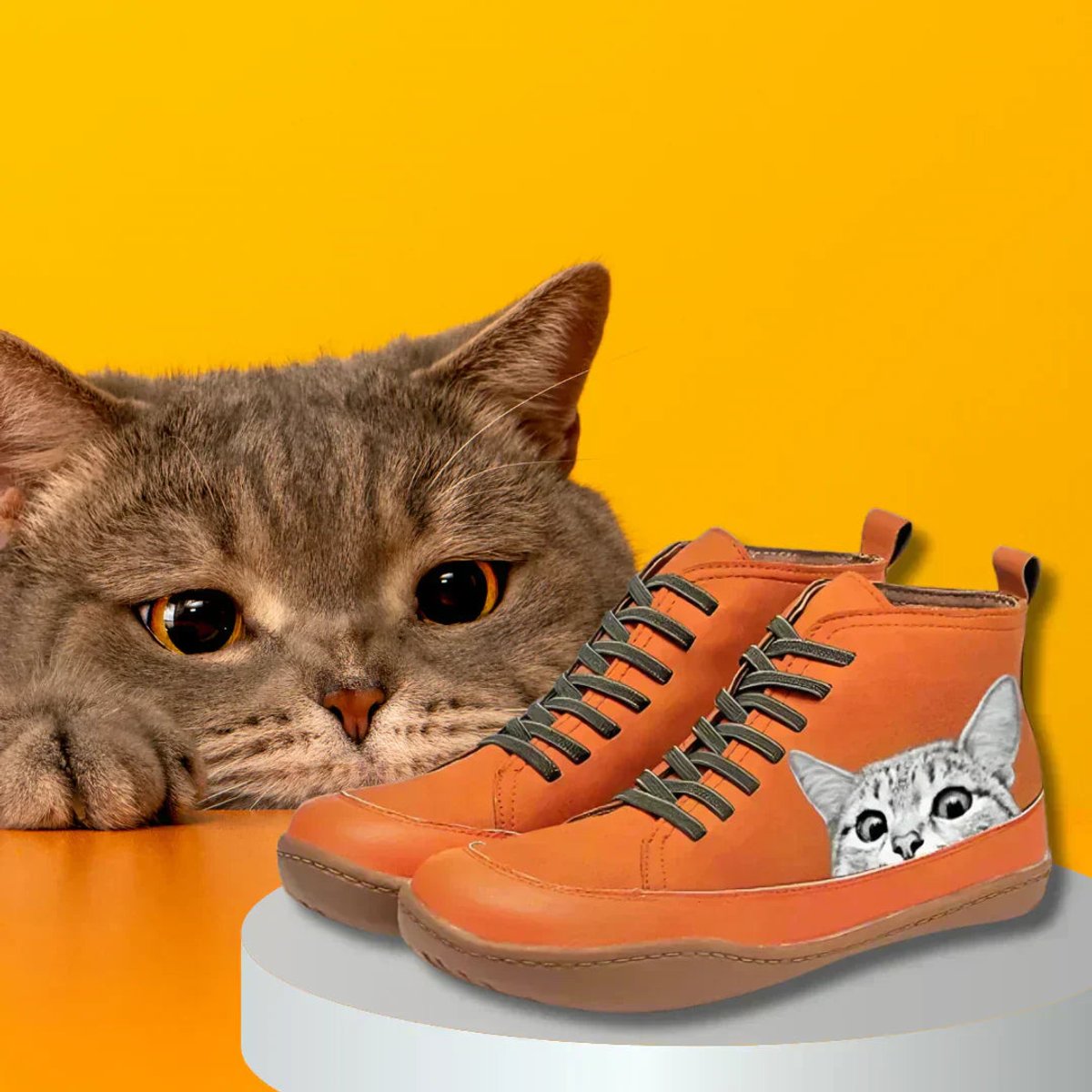 Seren | Women's Cat Print Lace-Up High-Top Vegan Leather Ankle Boots