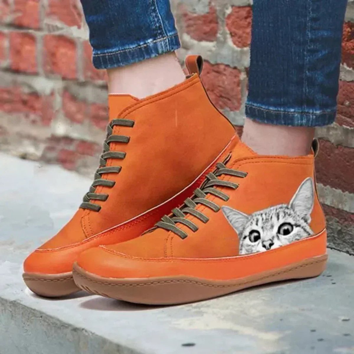Seren | Women's Cat Print Lace-Up High-Top Vegan Leather Ankle Boots