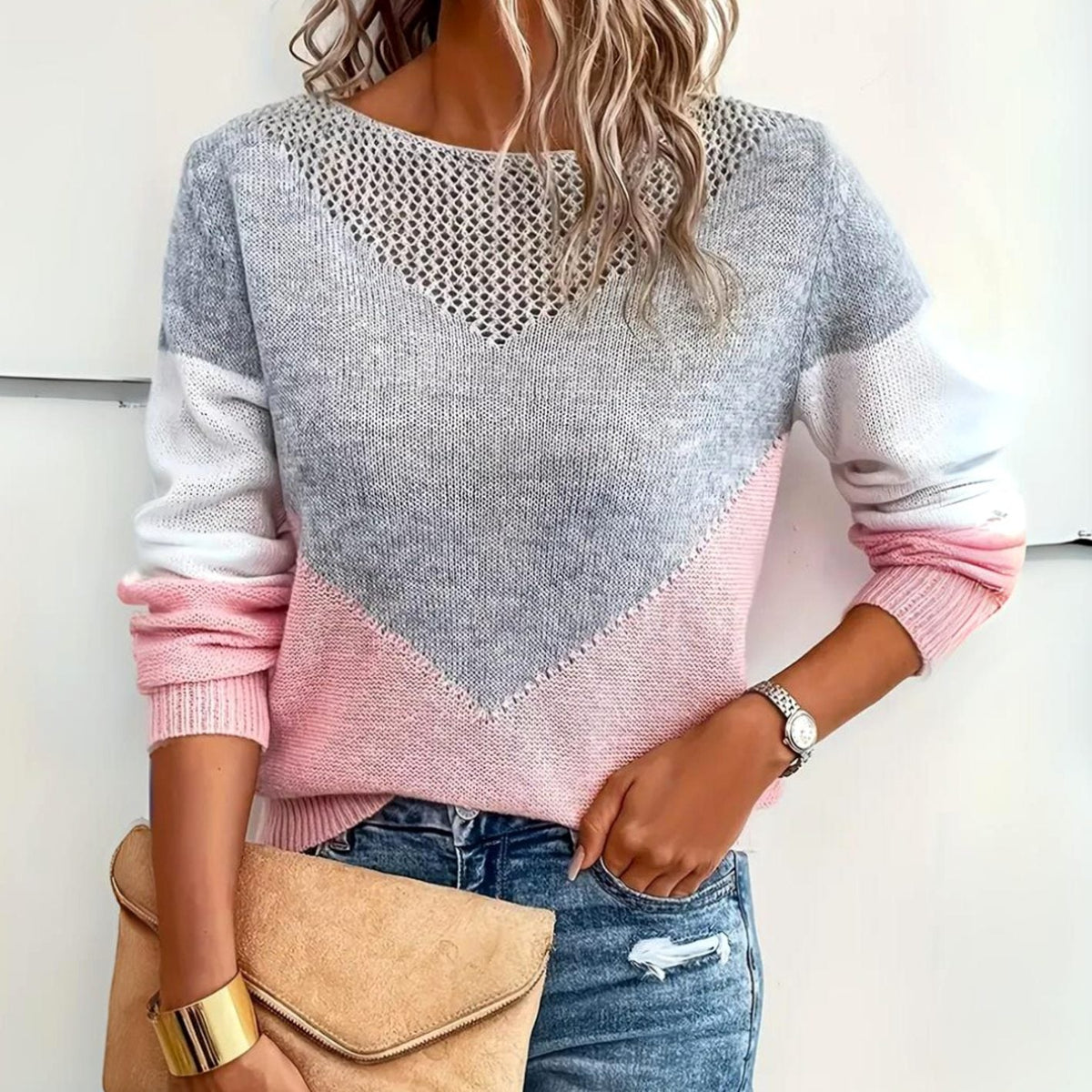 Lucienne | Women's Colour Block Relaxed-Fit Mesh-Detail Knit Pullover