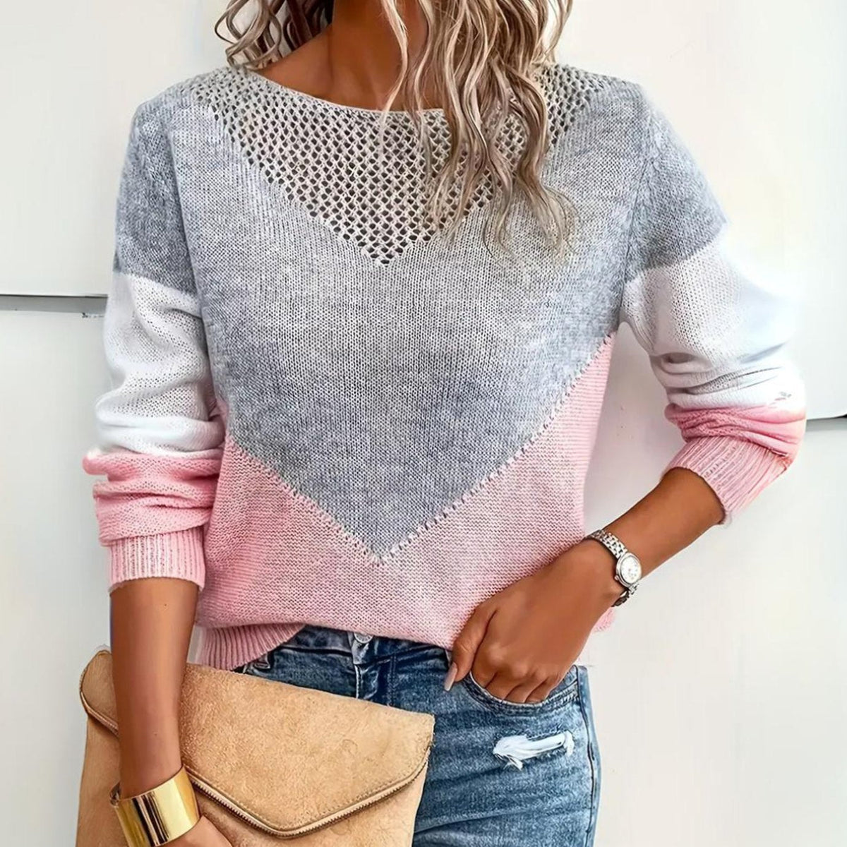 Lucienne | Women's Colour Block Relaxed-Fit Mesh-Detail Knit Pullover
