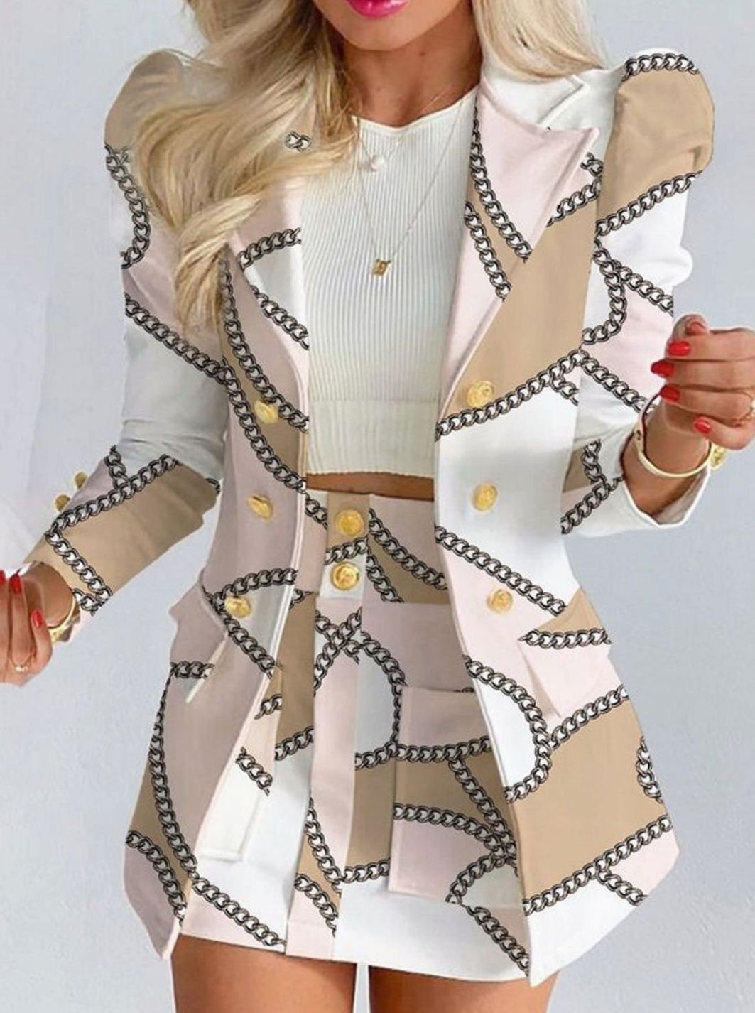 Madeleine | Women's Double-Breasted Puff-Sleeve Blazer and Skirt Co-ord Set