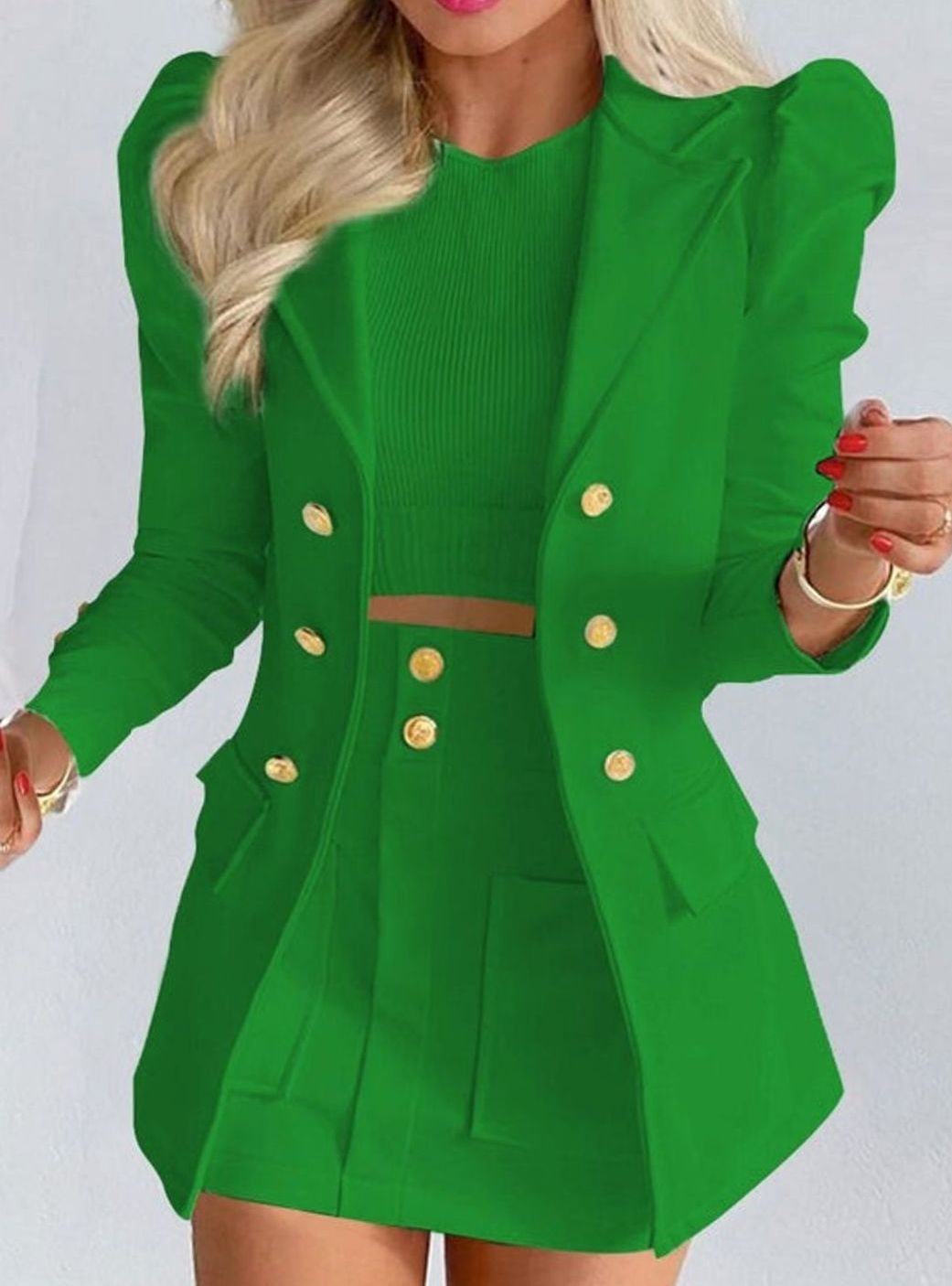 Madeleine | Women's Double-Breasted Puff-Sleeve Blazer and Skirt Co-ord Set