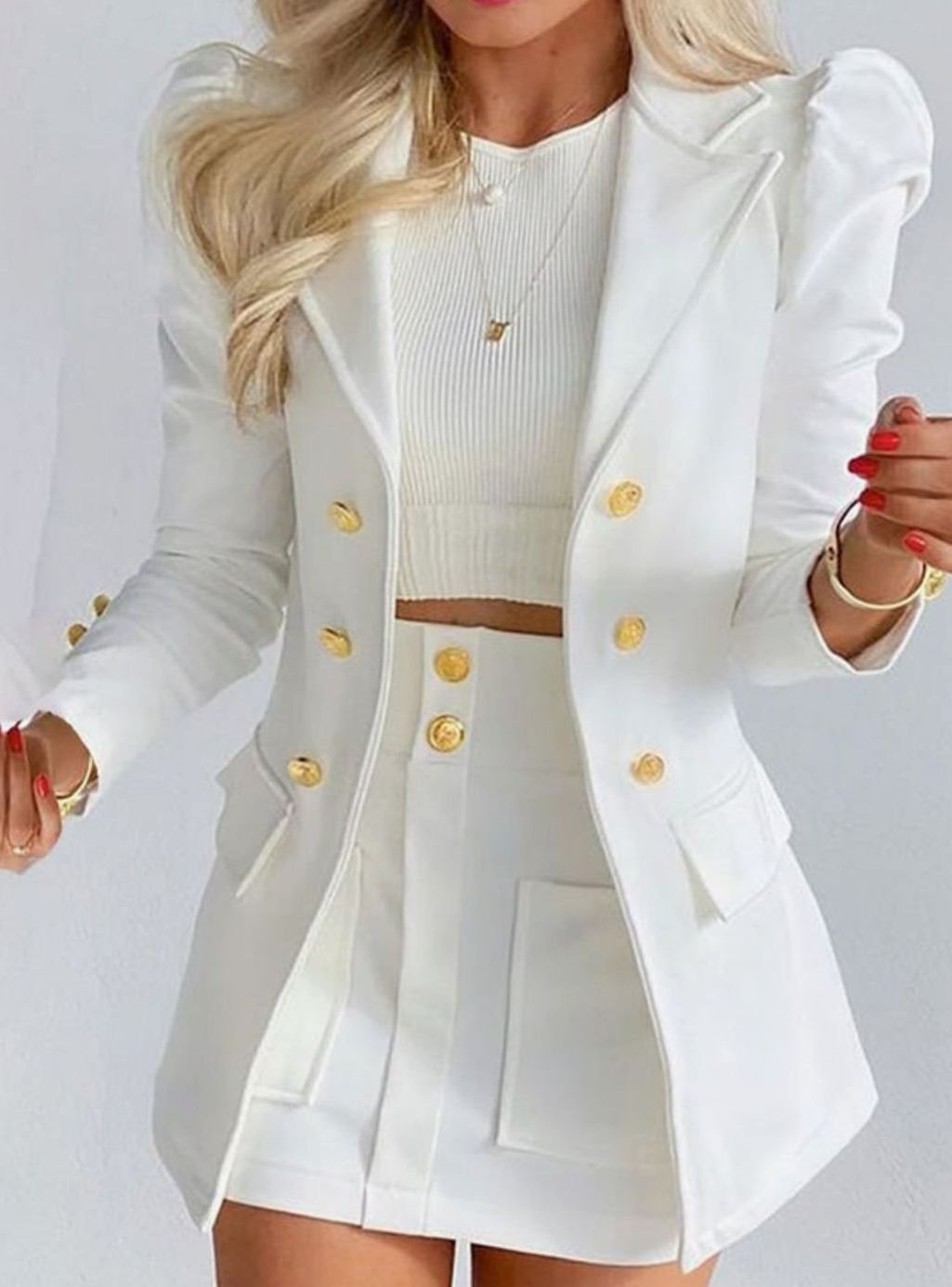 Madeleine | Women's Double-Breasted Puff-Sleeve Blazer and Skirt Co-ord Set