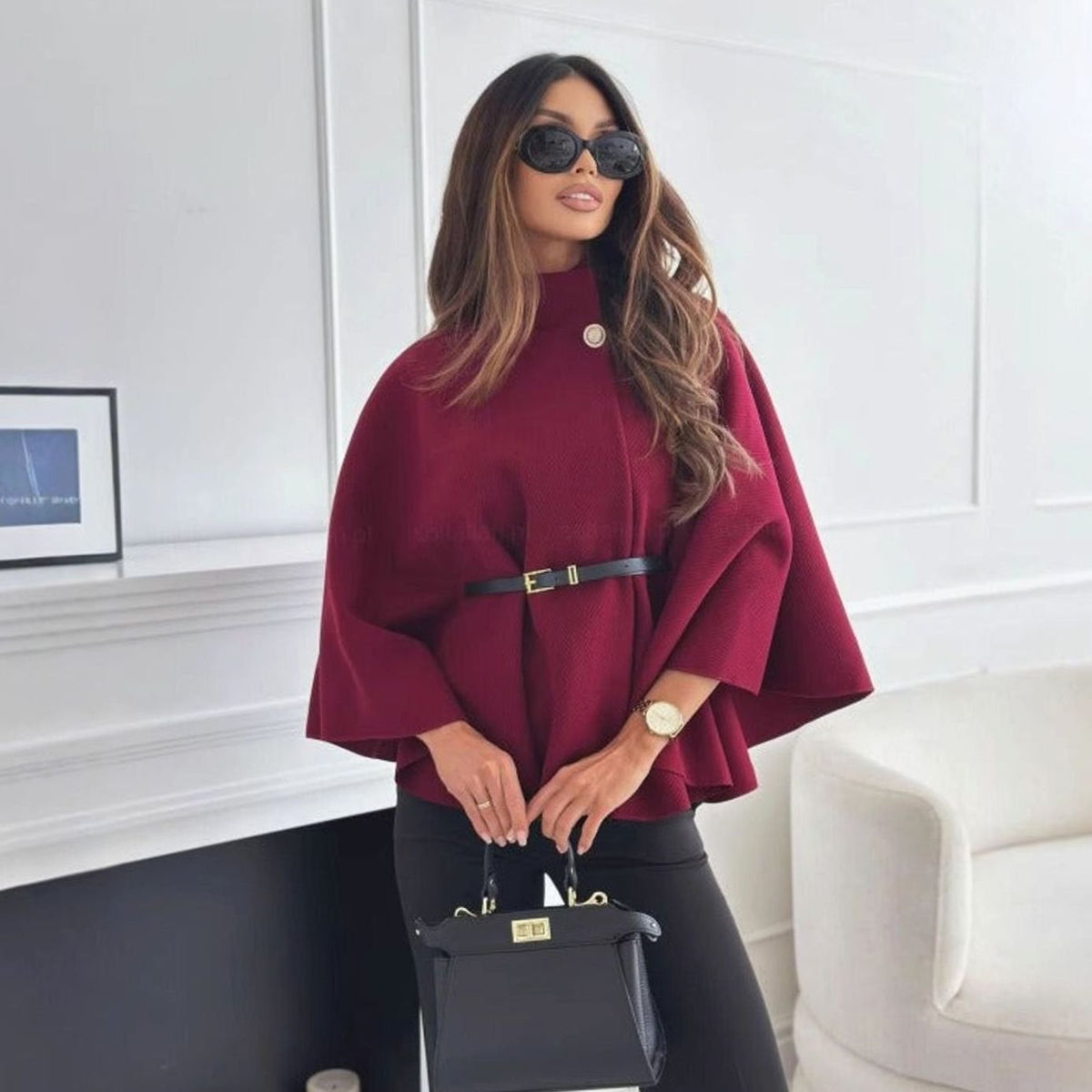Solange | Women's Elegant Belted Mock-Neck Cape Jacket