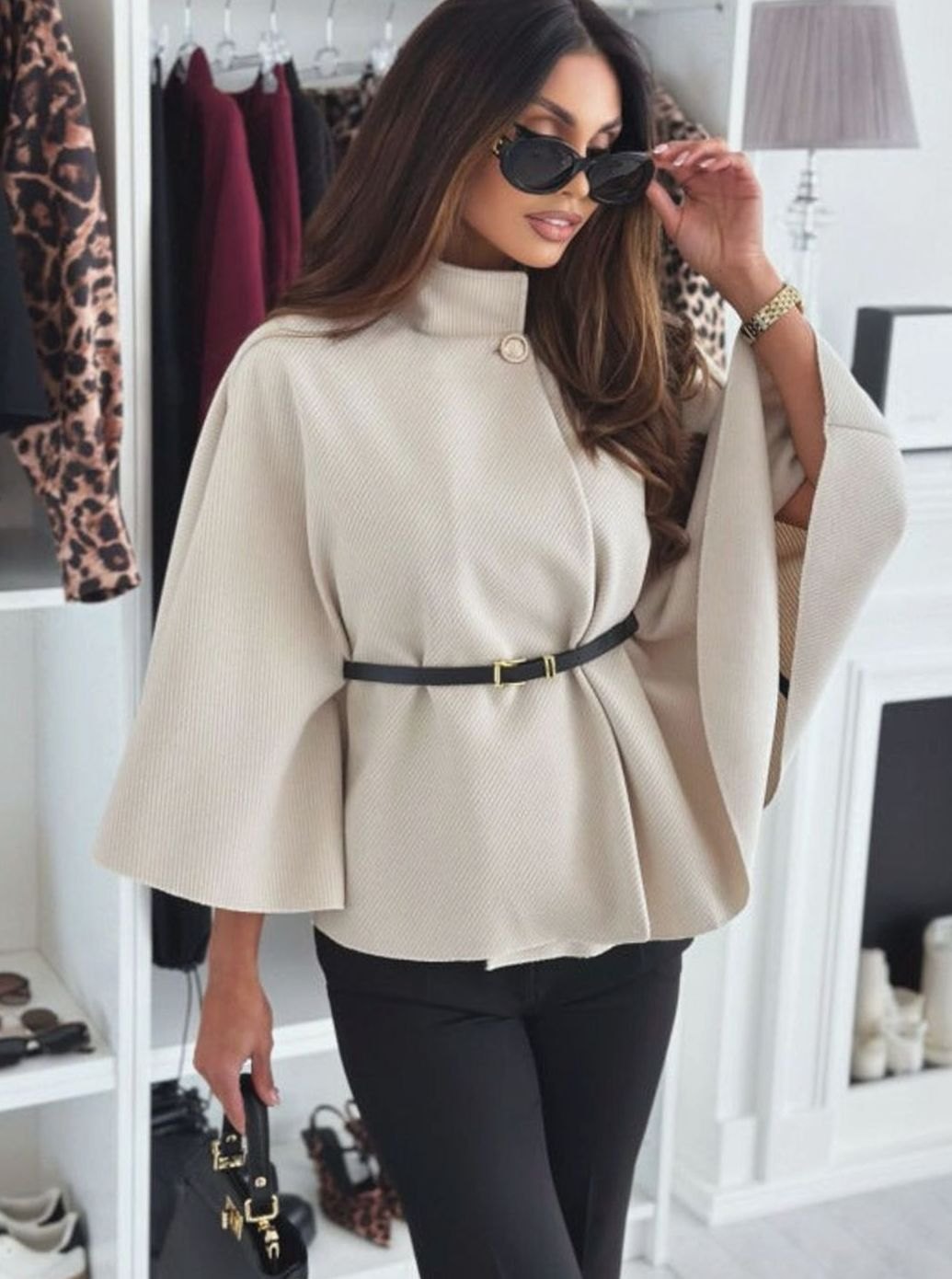 Solange | Women's Elegant Belted Mock-Neck Cape Jacket