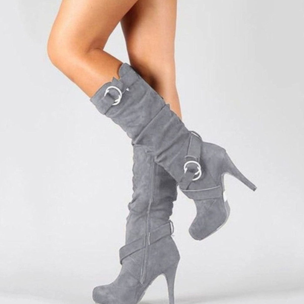 Helene | Women's Knee-High Stiletto Heel Boots Buckle Suede-Finish