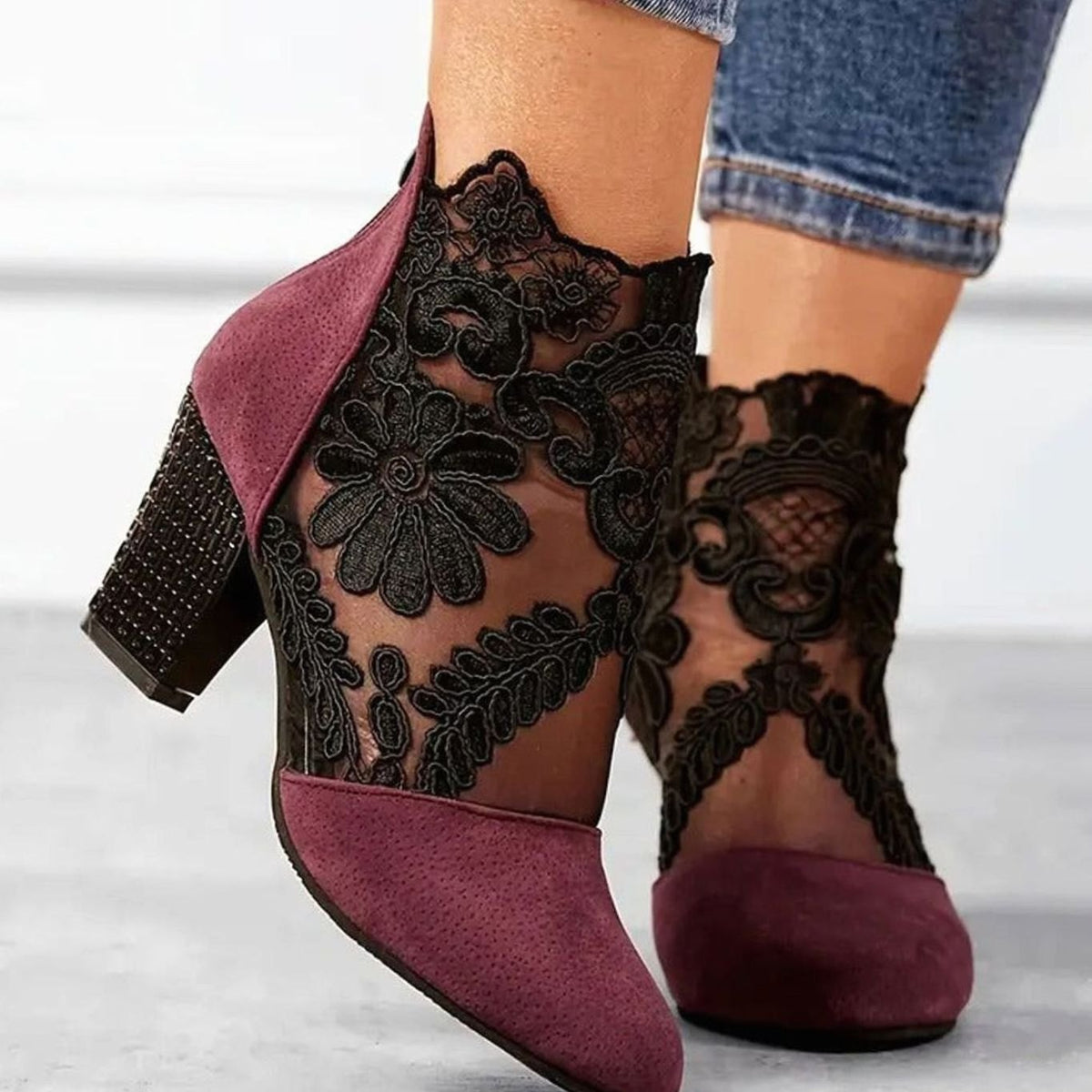 Coline | Women's Lace Embroidered Block-Heel Ankle Boots