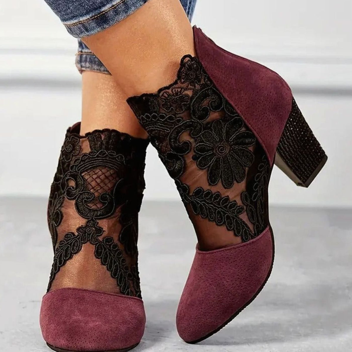 Coline | Women's Lace Embroidered Block-Heel Ankle Boots