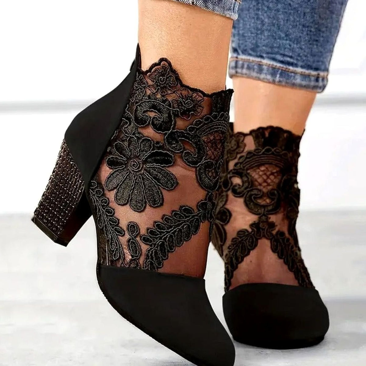 Coline | Women's Lace Embroidered Block-Heel Ankle Boots