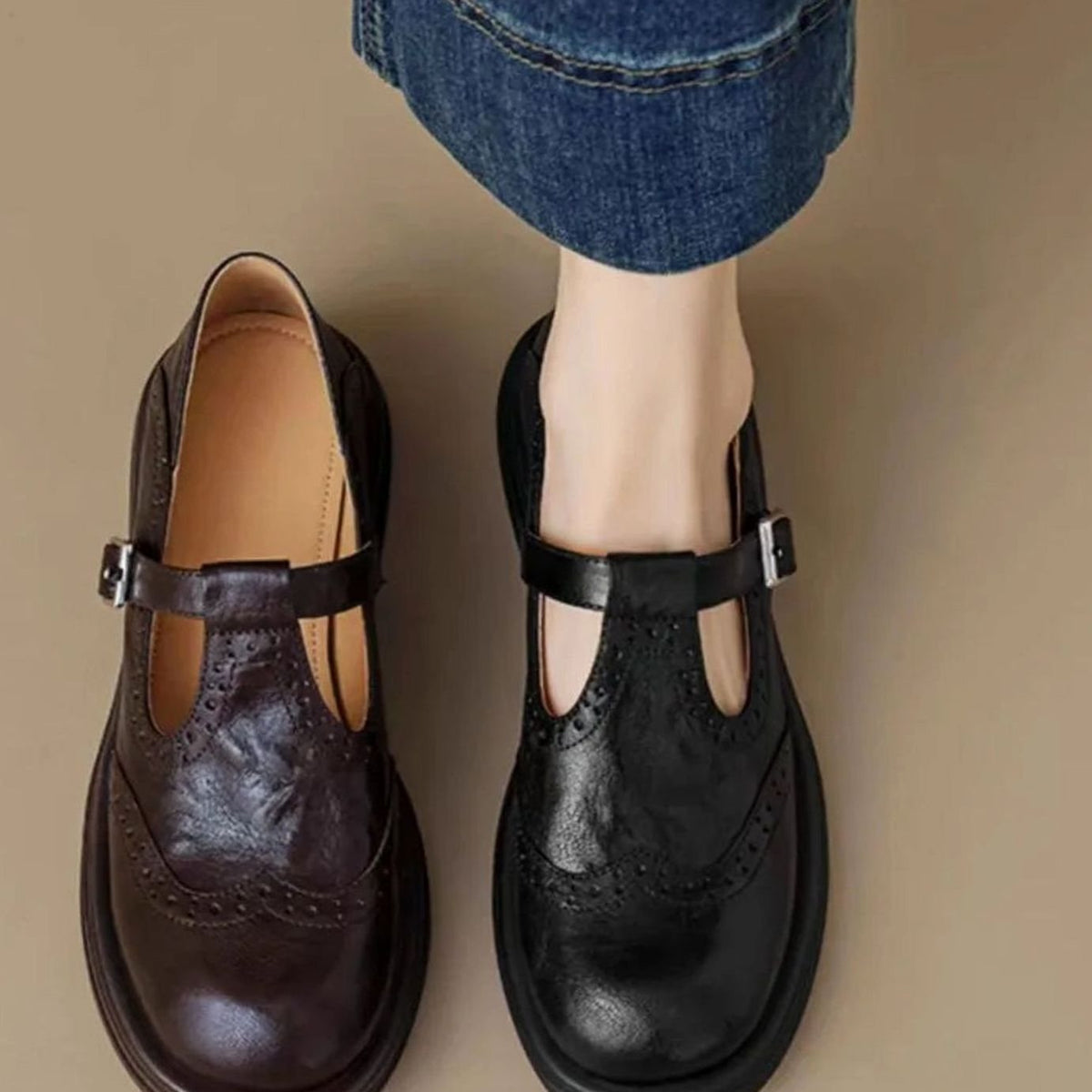 Sophia | Women's Leather Brogue T-Strap Mary Jane Flat Shoes