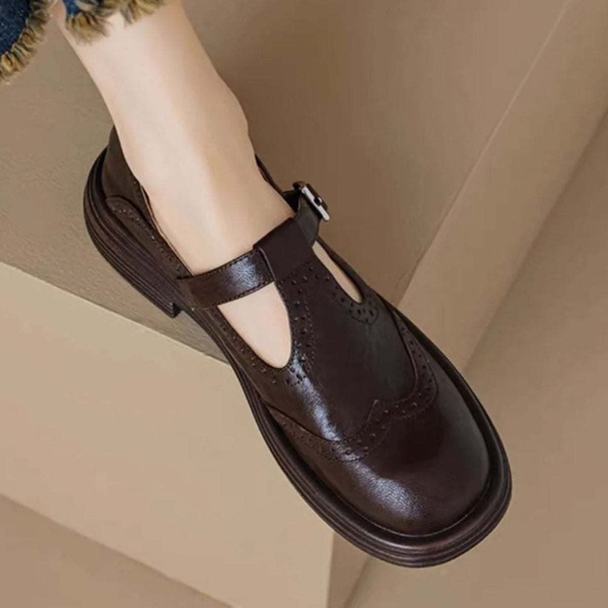 Sophia | Women's Leather Brogue T-Strap Mary Jane Flat Shoes