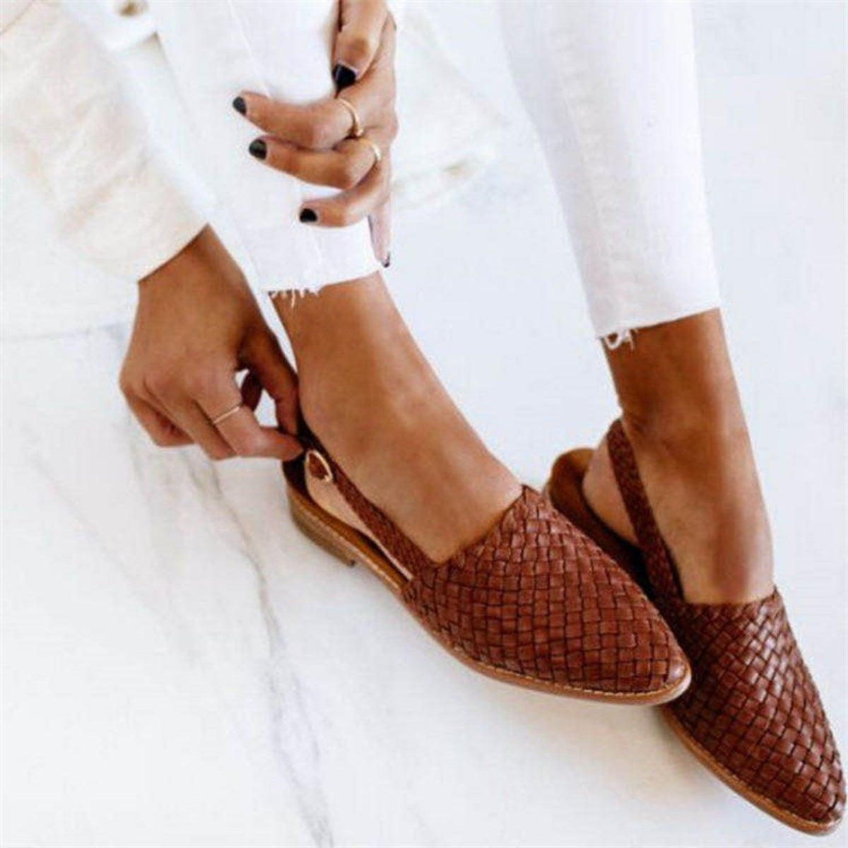 Perla | Women's Woven Leather Pointed-Toe Slingback Sandals