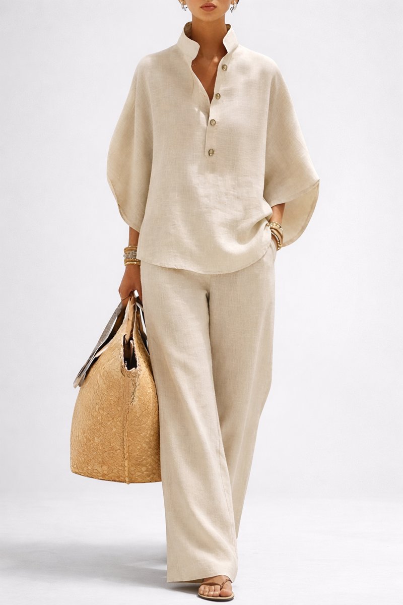 Gabrielle | Women's Relaxed Linen-Look Half-Button Top and Wide-Leg Trouser Set