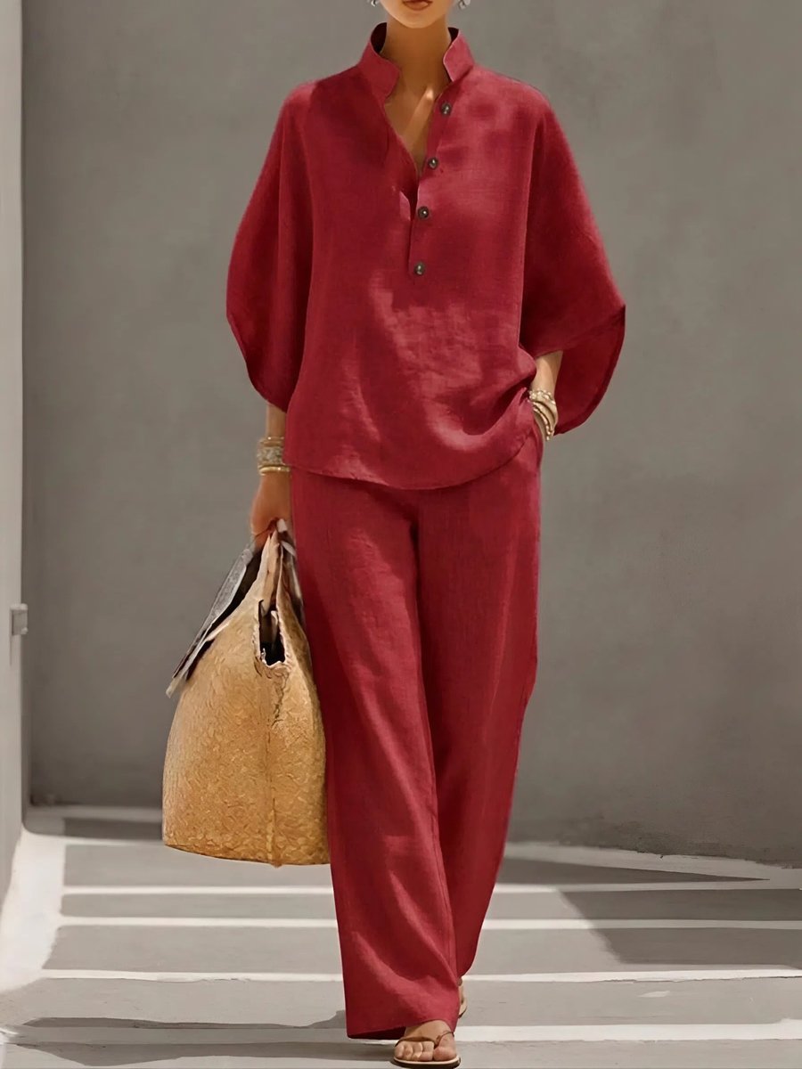 Gabrielle | Women's Relaxed Linen-Look Half-Button Top and Wide-Leg Trouser Set