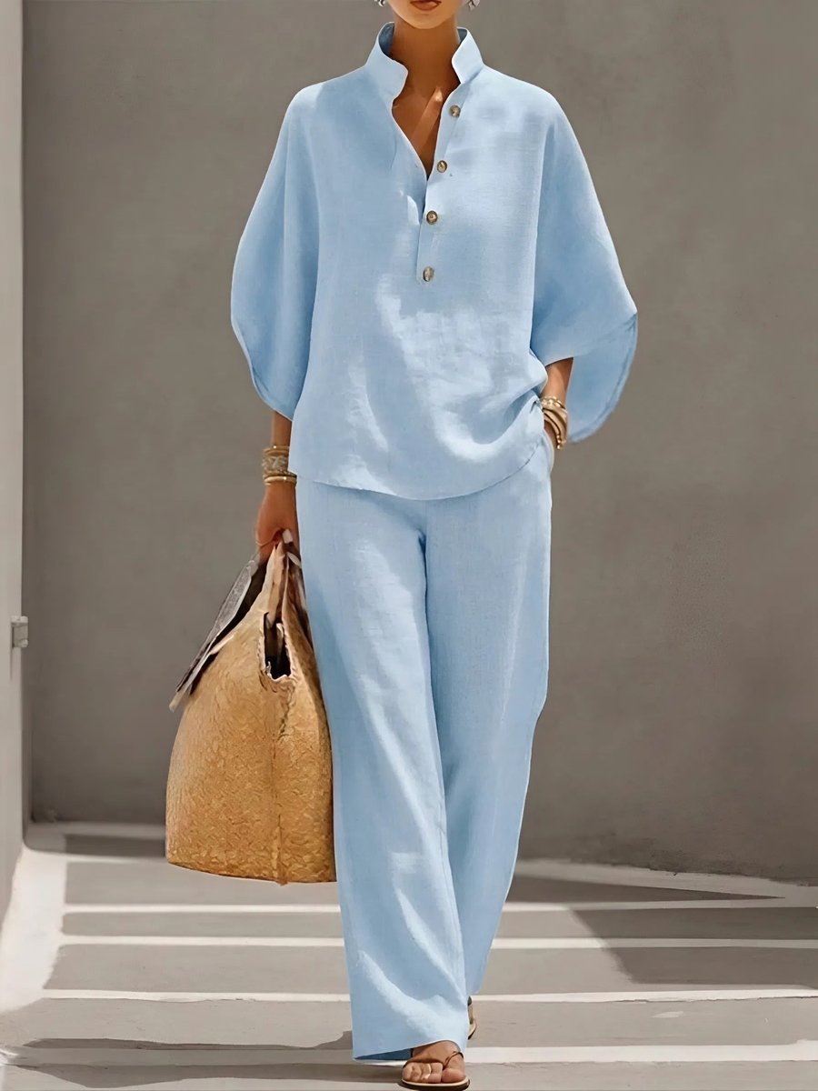 Gabrielle | Women's Relaxed Linen-Look Half-Button Top and Wide-Leg Trouser Set