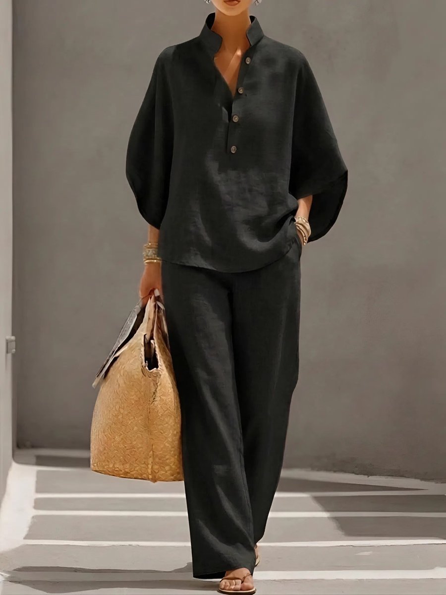 Gabrielle | Women's Relaxed Linen-Look Half-Button Top and Wide-Leg Trouser Set