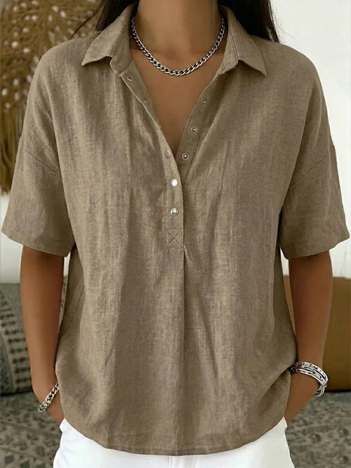 Ariane | Women's Relaxed-Fit Snap-Button Collared Linen Pullover Top
