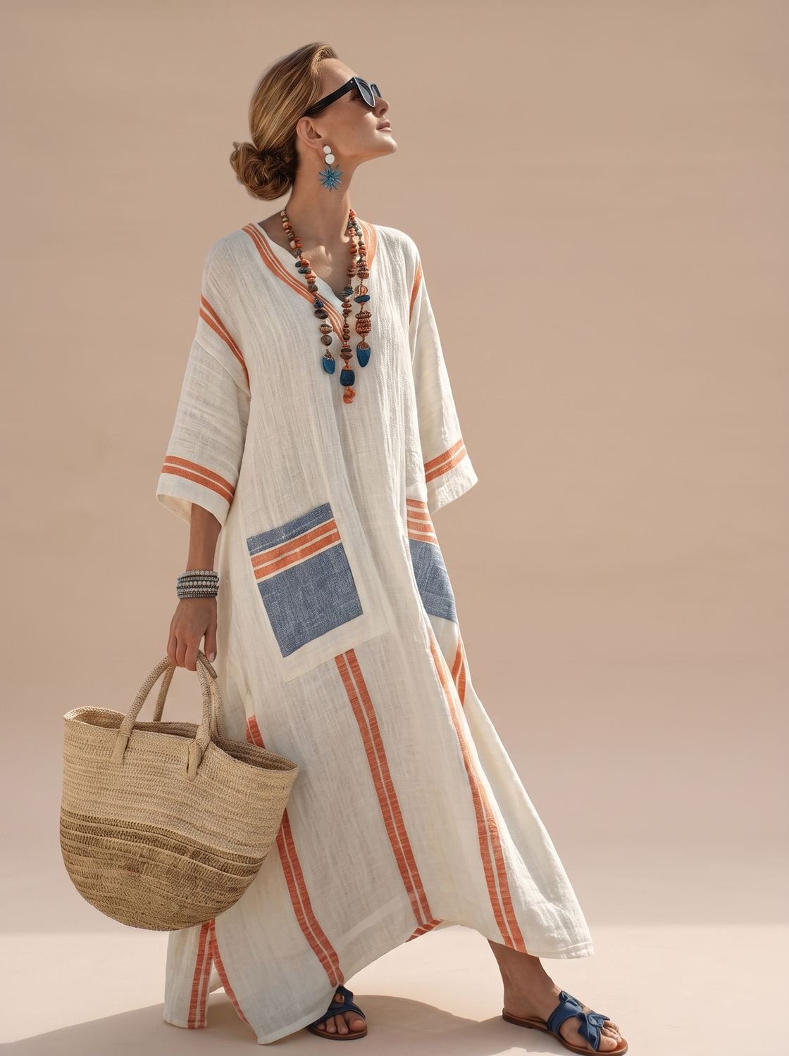 Domitille | Women's Relaxed-Fit V-Neck Striped Formal Maxi Dress