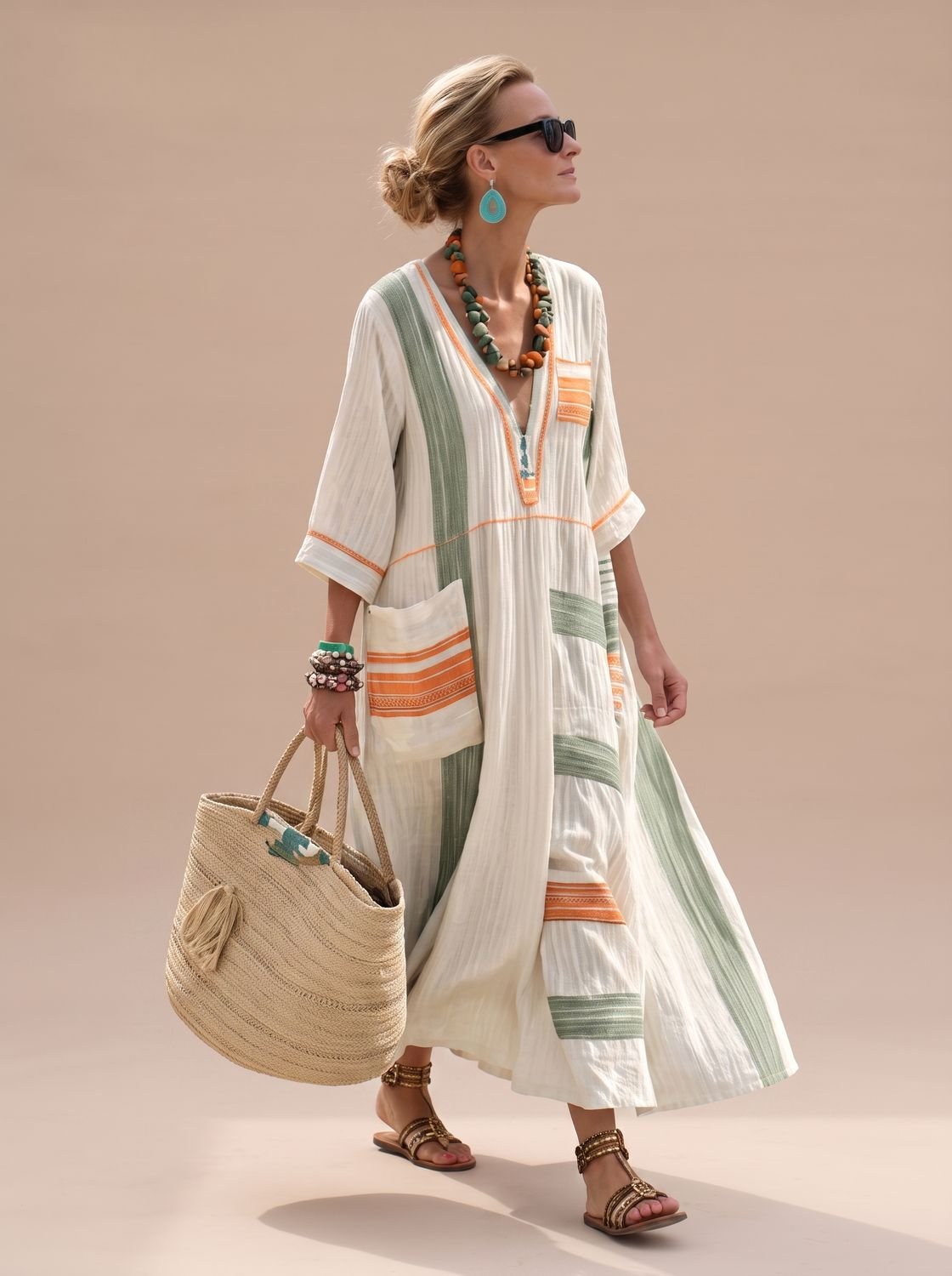 Domitille | Women's Relaxed-Fit V-Neck Striped Formal Maxi Dress