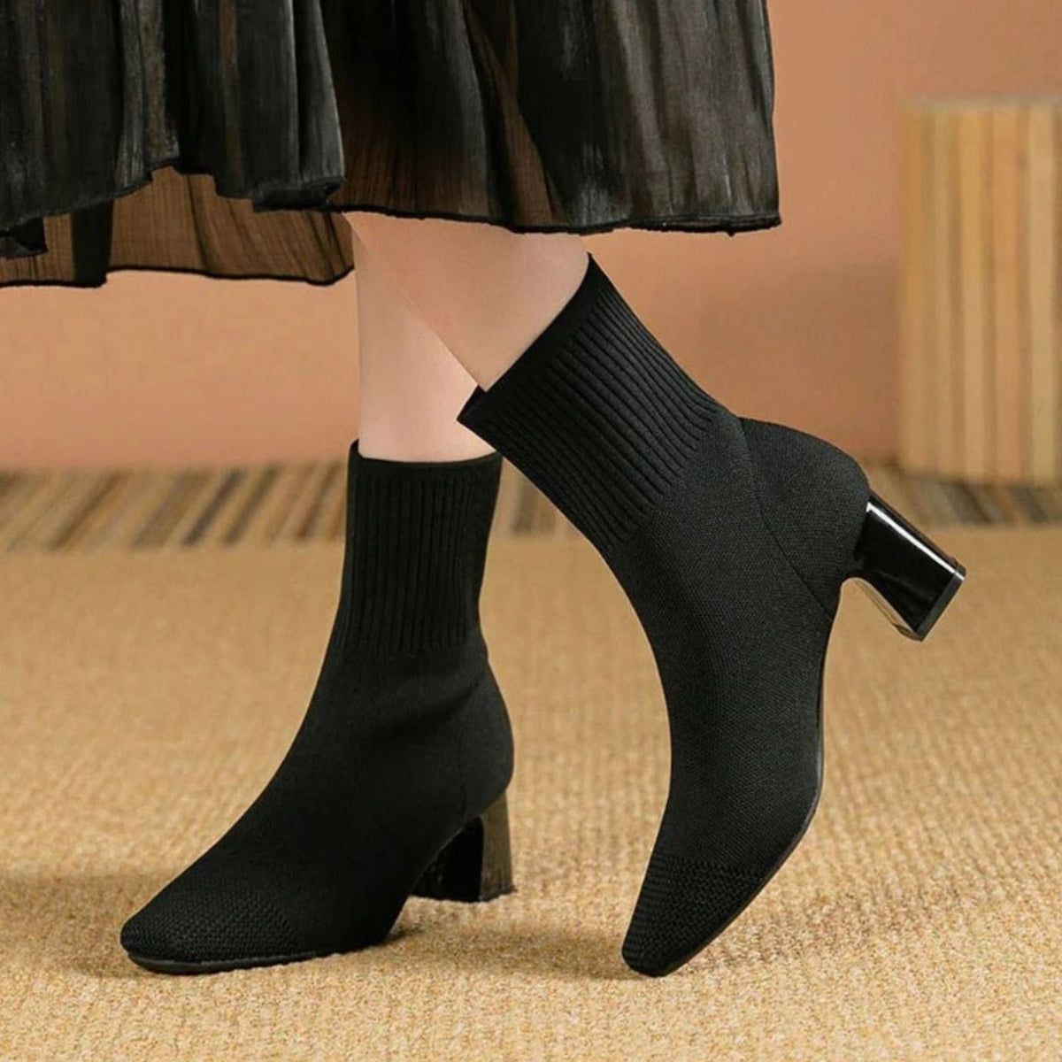 Astrid | Women's Ribbed Knit Block-Heel Sock Ankle Boots