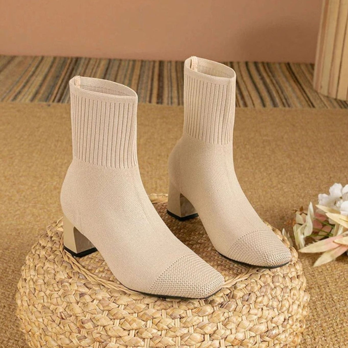 Astrid | Women's Ribbed Knit Block-Heel Sock Ankle Boots