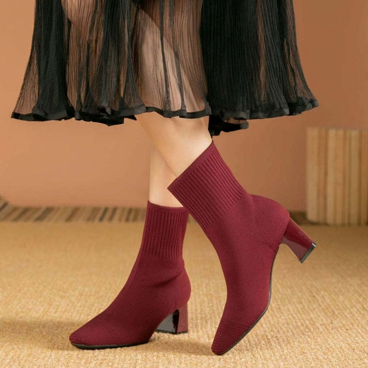 Astrid | Women's Ribbed Knit Block-Heel Sock Ankle Boots