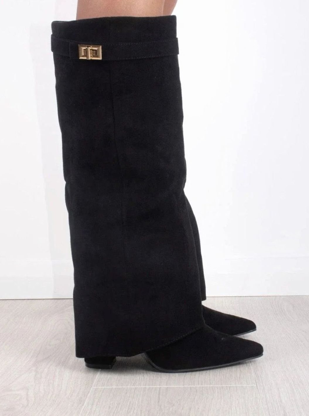 Perrine | Women's Slouchy Foldover High Heel Boots Gold-Buckle Knee-High